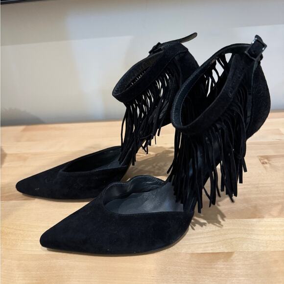 Stuart Weitzman Fringelica Fringe Suede Ankle Strap Pump Black Women Sz 7.5 M - Picture 11 of 16